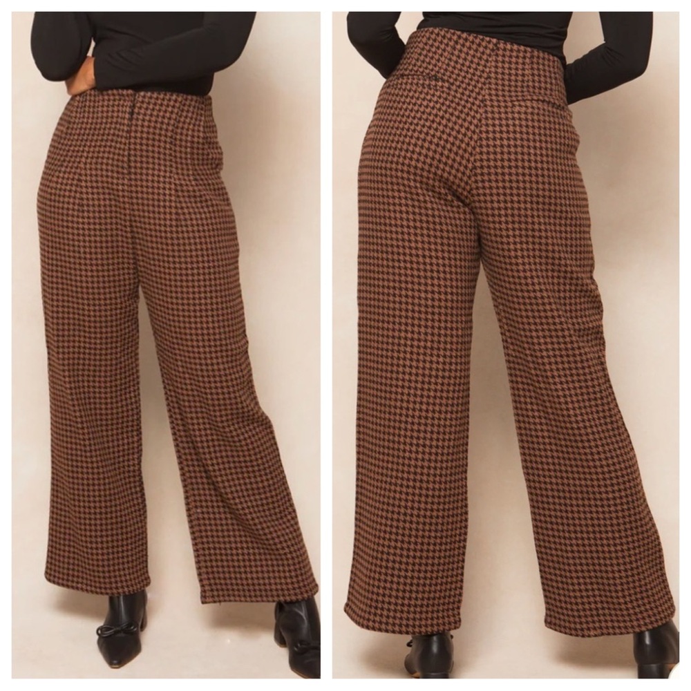 Ivy City Co Tabitha Houndstooth Wide Leg Trousers - Brown/Black | XL NWT